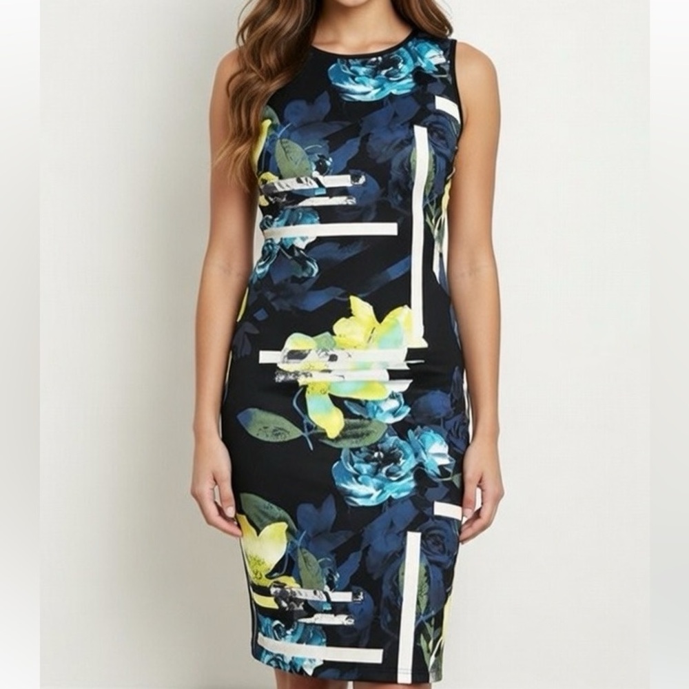 Floral and Geometric Stretchy Midi Dress, Size 10